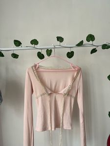 Pink Lace Trim Long Sleeve Top