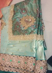 Teal &amp; Gold Embellished Saree