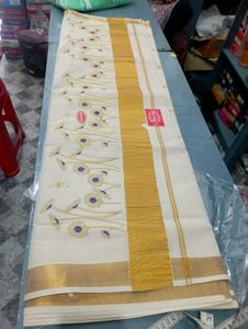 Kerala Saree with Floral Embroidery