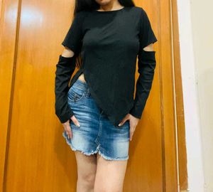 Cutout Sleeve Asymmetric Hem Top