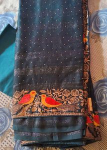 Bird Embroidered Teal Saree
