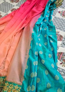 Pink &amp; Teal Embroidered Saree