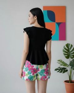 Elegant Black Ruffle Sleeve Peplum Top