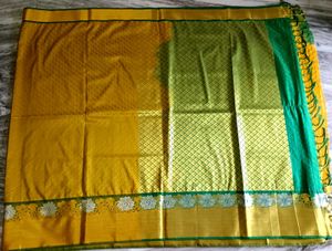 Clearence Sale Gold And Green Colour Saree