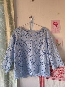 Blue Floral Lace Long Sleeve Top