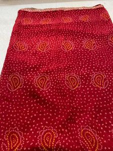 Red Bandhani Saree with Embellished Border