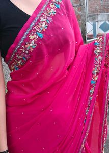 Pink colour hend work saree