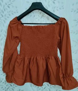 Rust Smocked Square Neck Blouse
