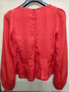 Orange Rust Peplum Blouse with Puff Sleeve