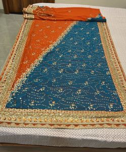 Teal &amp; Orange Embellished Saree