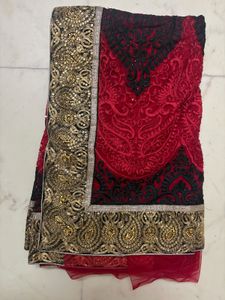 Red &amp; Black Embroidered Saree