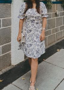 Kazo Blue Printed Mini Dress With Puff Sleeves