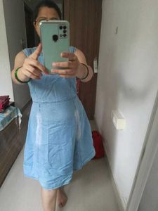 Denim Knee Length Dress Blue Office Wear