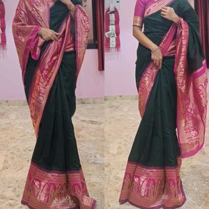 Elegant Green &amp; Pink Silk Saree