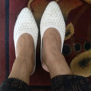 White Embroidered Flat Footwear
