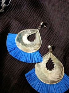 Gold & Blue Fringe Statement Earrings