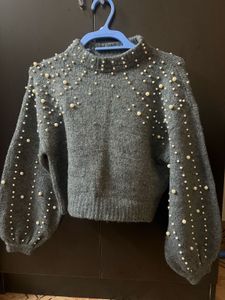 Gray Pearl Embellished Sweater