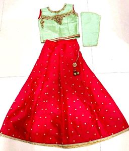 Girls' Pink & Green Lehenga Choli