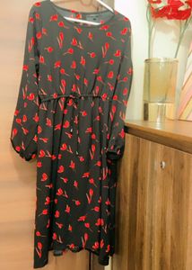 Black MIDI CHEMISTRY Dress With Vibrant Red Flower