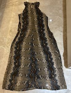 Brown A-line dress with neck embellishments
