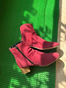 Ankle Length Red Boots With Block Heels