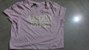 Light Pink Cropped Top With Rib Trimmed Neckline ,  Short Sleeves