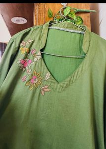 Olive Green Embroidered Kurti Set