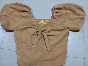 Tan Bow-Tie Puff Sleeve Top