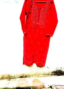 Handwork Chikenkari Red Embroidered Kurta