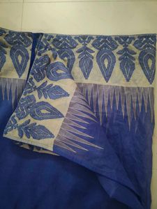 Beautiful Navy Blue And Beige Net Cotton Saree