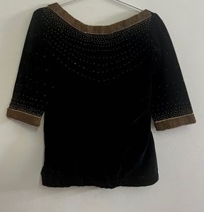 Gold  Skirt And Black Embellished Velvet Top