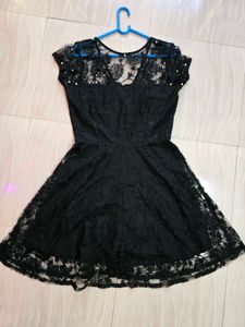 Elegant Black Lace Fit & Flare Dress with Pearl De