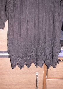 Black Ribbed Knit Tunic Top with Lace Hem