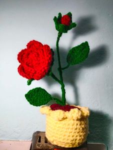 Crocheted Red Rose in Yellow Pot