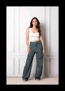 Blue Washed-6 pocket cargo jeans