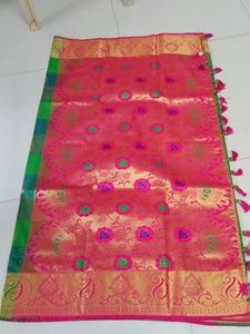 Rose With Green Emboss Silk Saree .