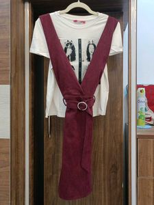 Burgundy Pinafore Dress with Belt