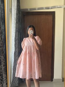 Pink Embroidered Tiered Mini Dress