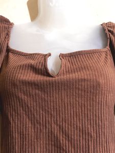 Brown Ribbed Puff Sleeve Top