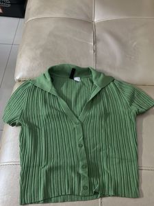 Green Ribbed Button Up Top