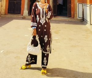 Embroidered Brown Kurta Pant Set