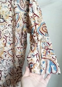 Beige Printed Cotton Kurti/Top