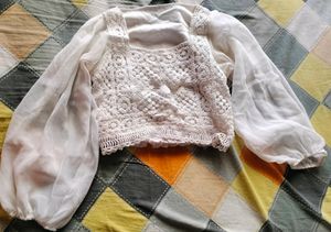 White Crochet Balloon Sleeve Crop Top