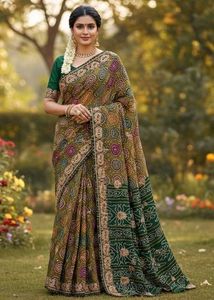 Elegant Bandhej Green Printed Saree