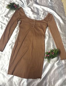 Brown Ribbed Bodycon Mini Dress