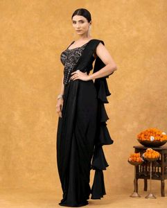 🌸 Shining Black Ruffle Saree 🌸