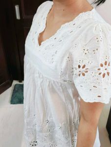 Women White Cotton Cut out Style Tunic Top