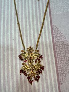 AD Double Pendant Necklace In Gold Nd Red Colour