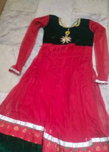 Red &amp; Green Embellished Anarkali Dress