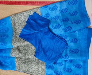 Blue &amp; Grey Patterned Saree
